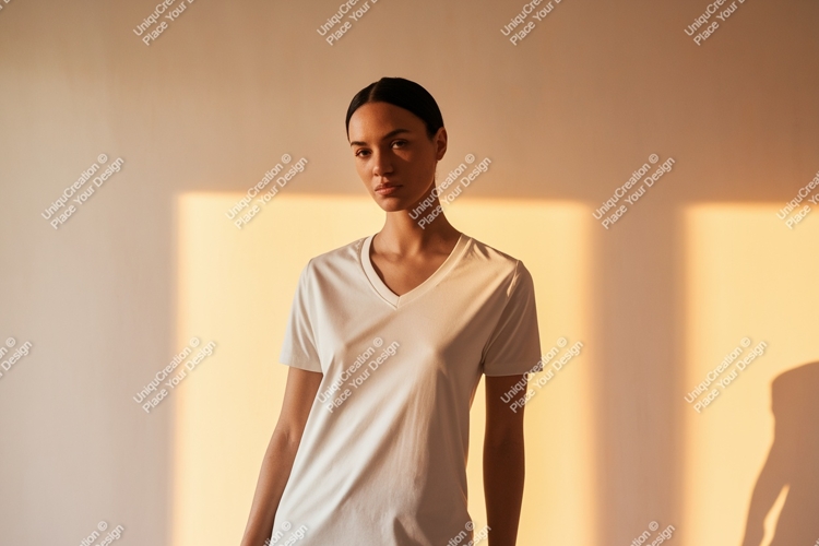 Woman wearing white v neck t shirt mockup image