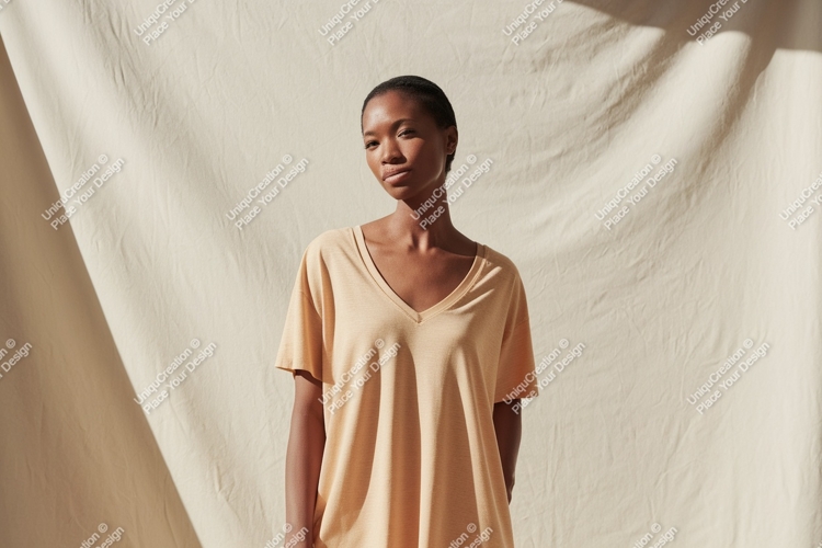 Woman wearing peach v-neck t-shirt fashion