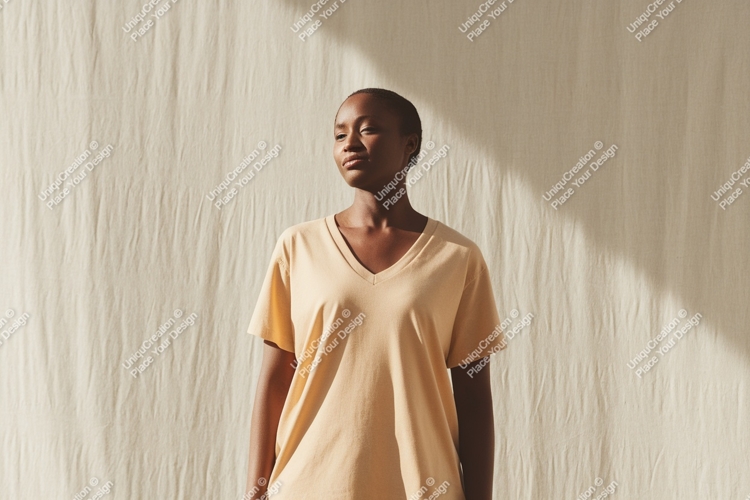 Woman wearing v neck shirt vneck mockup
