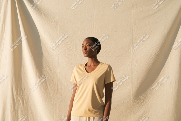 Woman wearing light yellow v-neck t-shirt clothing