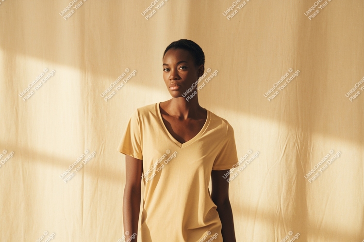 Woman wearing yellow v-neck t-shirt fashion