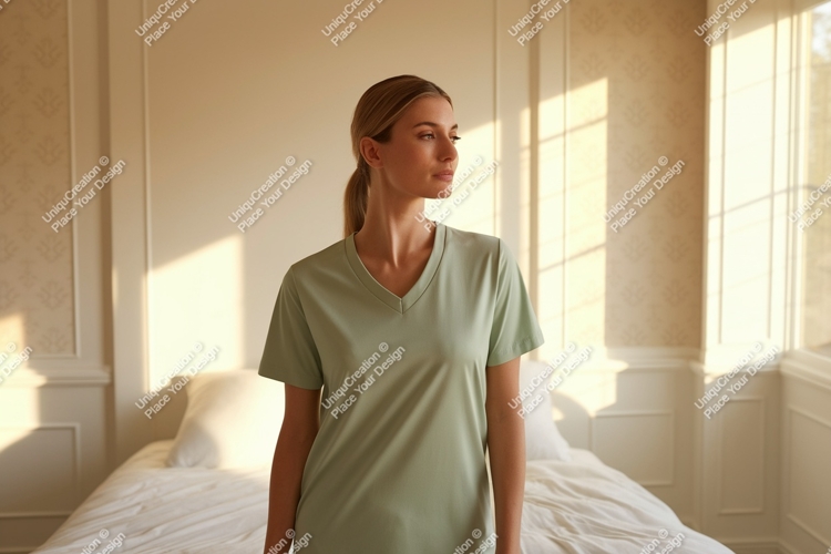 Woman wearing sage green v-neck t-shirt image