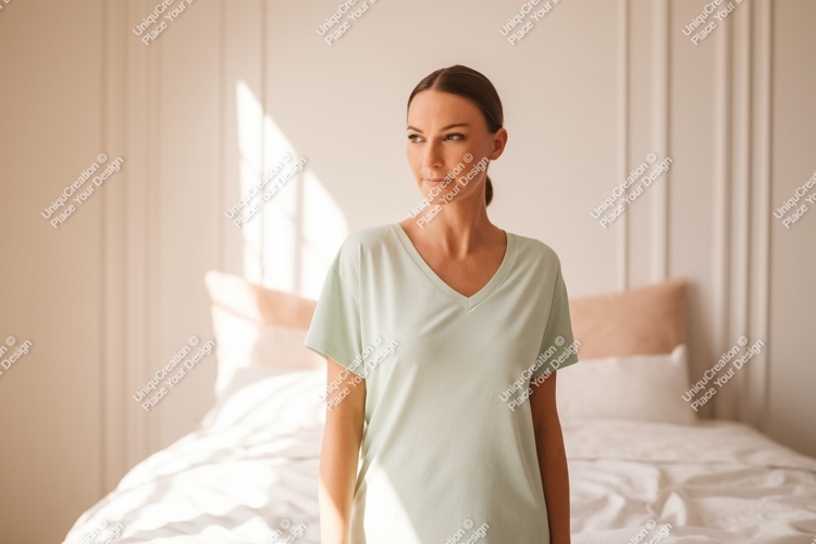 Woman wearing light green v-neck t-shirt casual