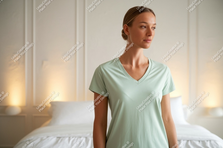 Woman wearing light green v-neck t-shirt casual
