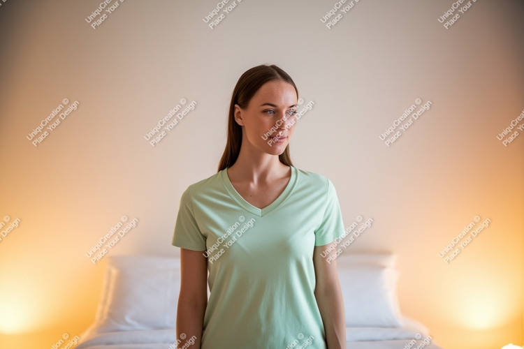 Woman wearing light green v-neck t-shirt apparel