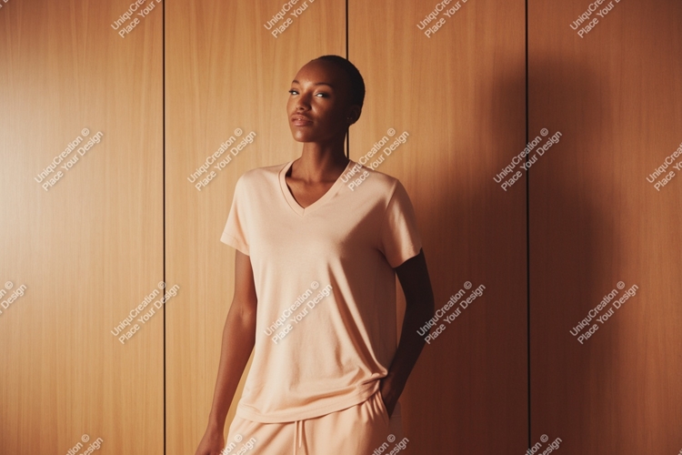 Woman wearing peach v-neck t-shirt apparel