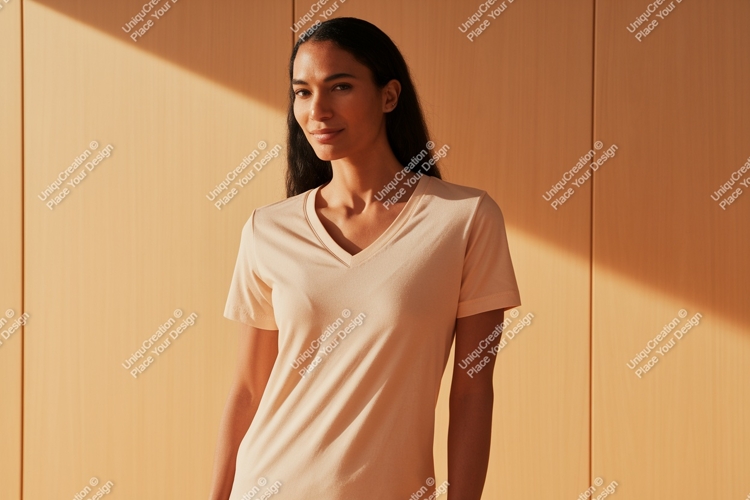 Woman wearing plain v-neck t-shirt peach