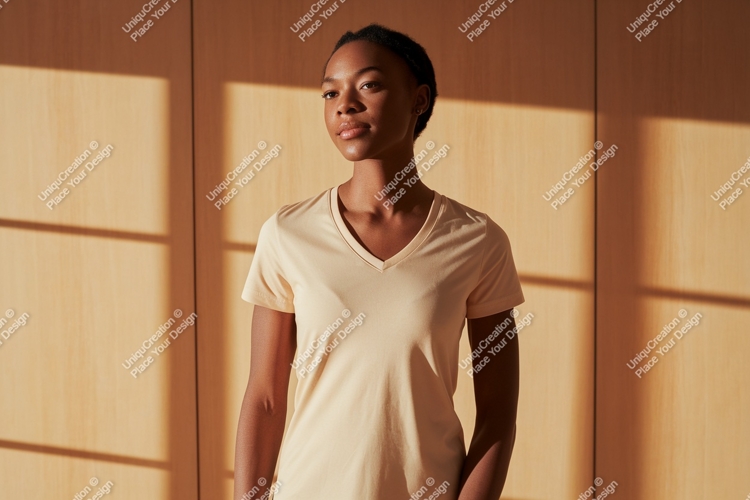 Woman wearing light colored v-neck t-shirt image