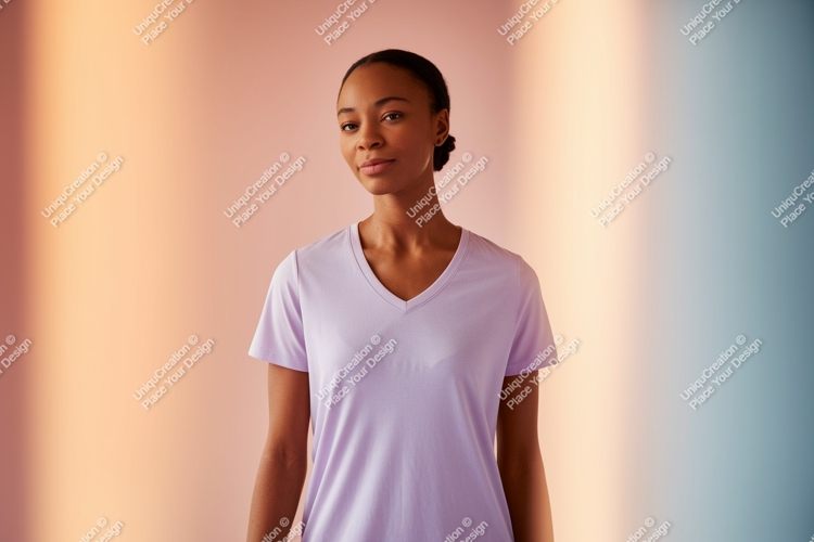 Woman wearing lavender v-neck t-shirt