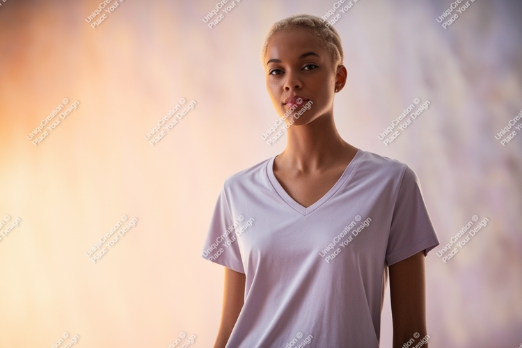 Woman wearing v-neck t-shirt light purple