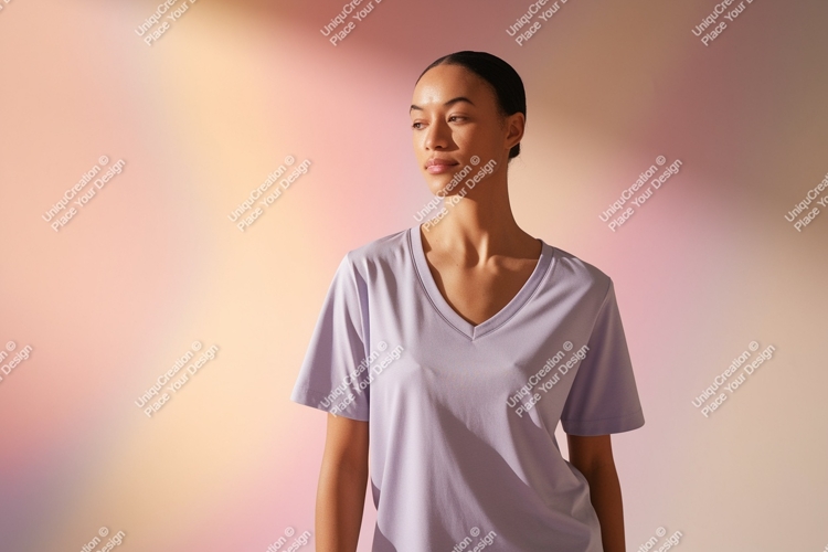Woman wearing lavender v neck t shirt vneck