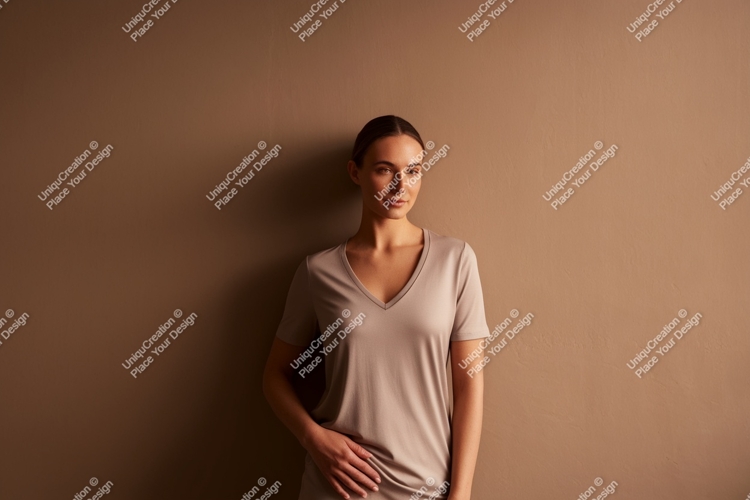 Woman wearing vneck shirt mockup fashion