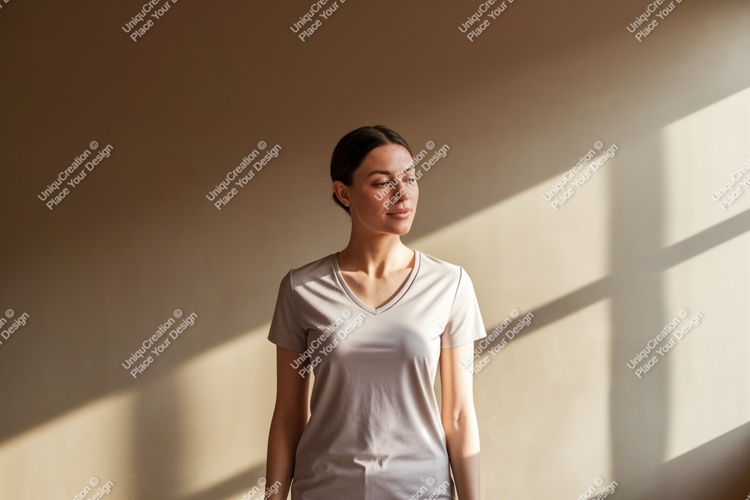 Woman wearing v-neck t-shirt light shadow