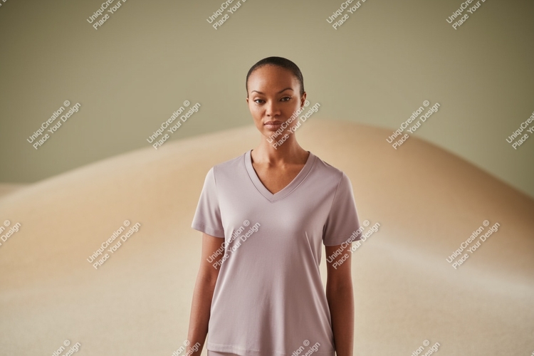 Woman wearing v-neck shirt mockup desert