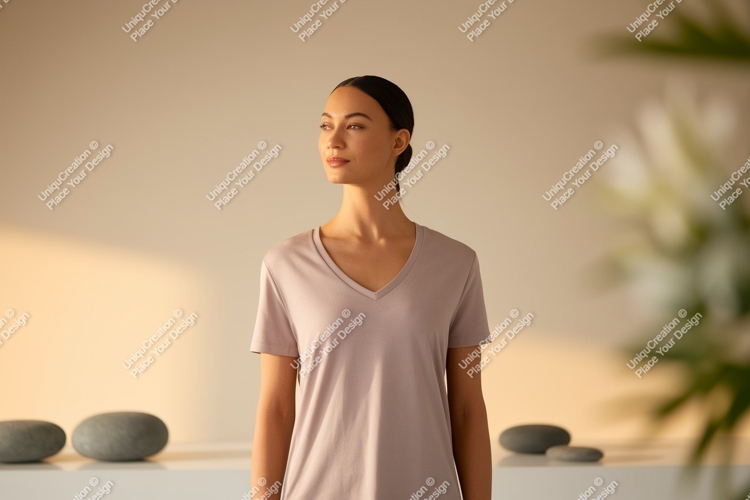 Woman wearing v-neck t-shirt mockup casual