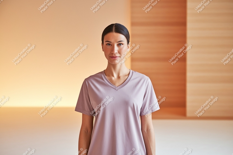Woman wearing lavender v-neck t-shirt mockup