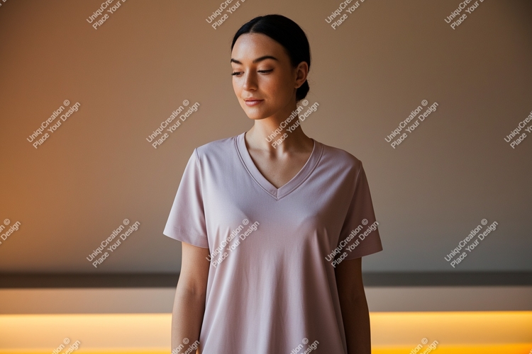 Woman wearing v-neck t-shirt pink casual