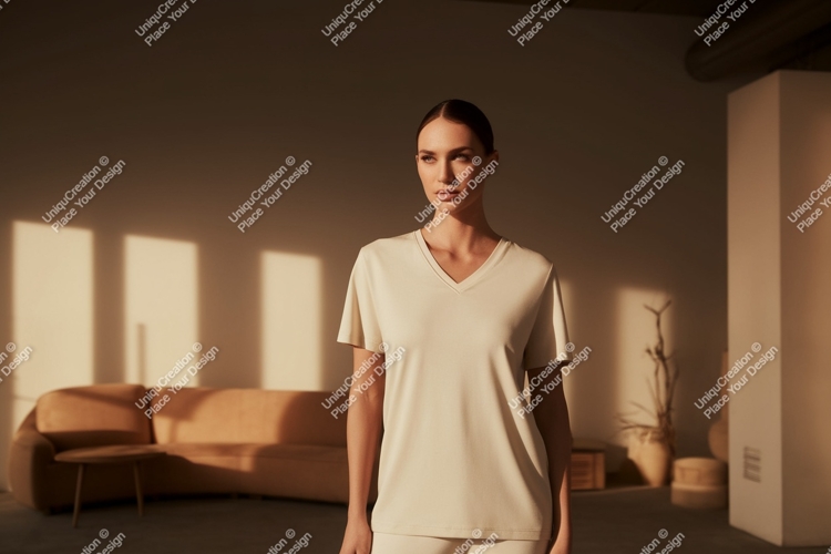 Woman wearing v-neck t-shirt mockup apparel