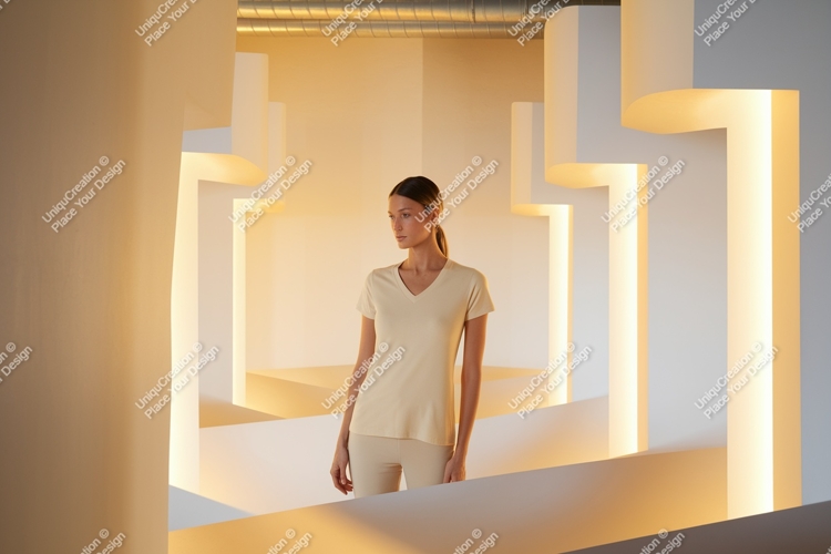 Woman wearing beige vneck shirt and pants image