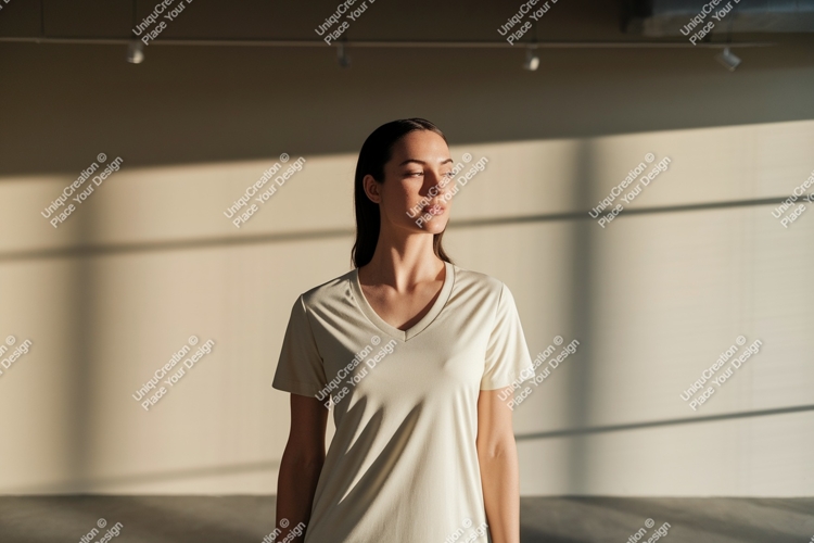 Woman wearing cream v-neck t-shirt mockup