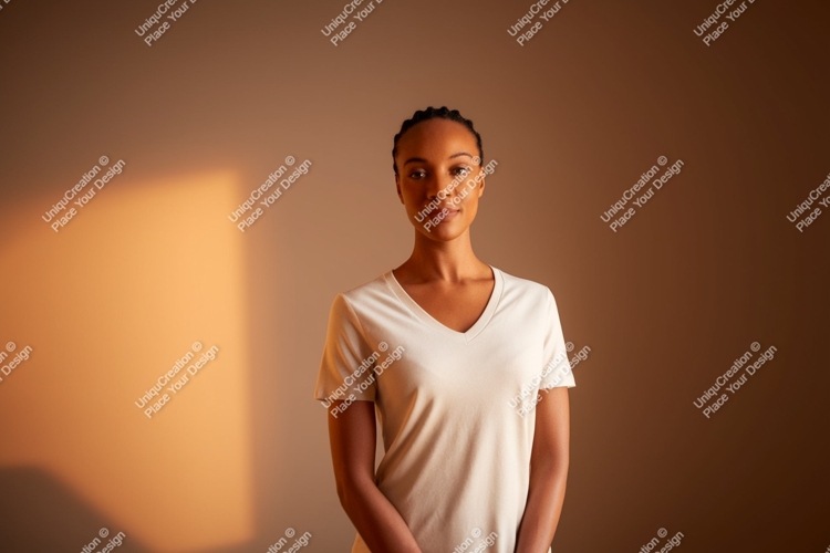Woman wearing white v-neck t-shirt portrait