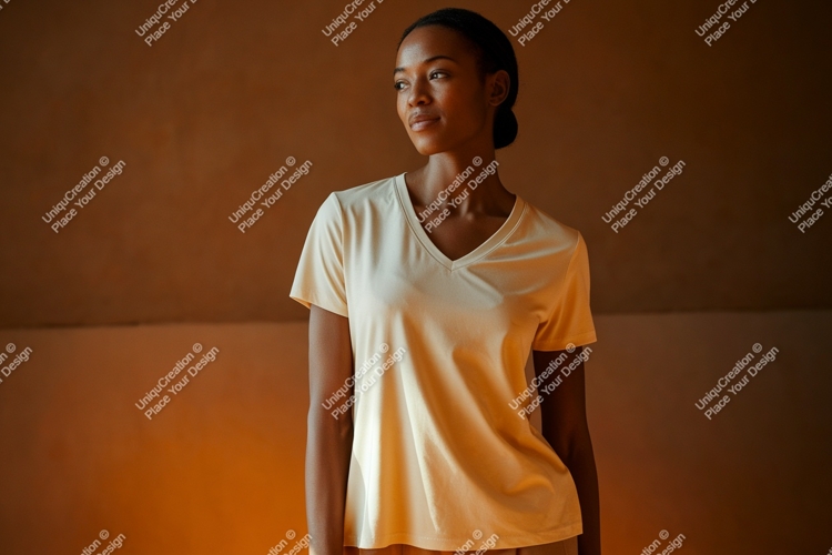 Woman wearing light yellow v-neck t-shirt clothing