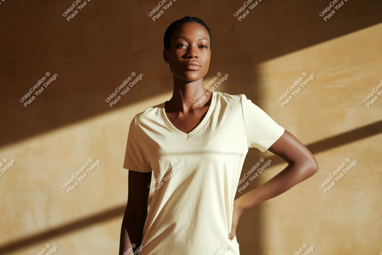 Woman wearing light yellow v-neck t-shirt clothing