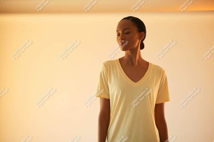 Woman wearing yellow v-neck t-shirt clothing