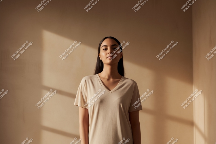 Woman wearing neutral v-neck t-shirt