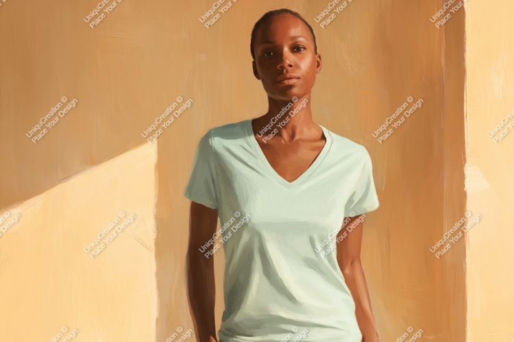 Woman wearing light blue v-neck t-shirt image