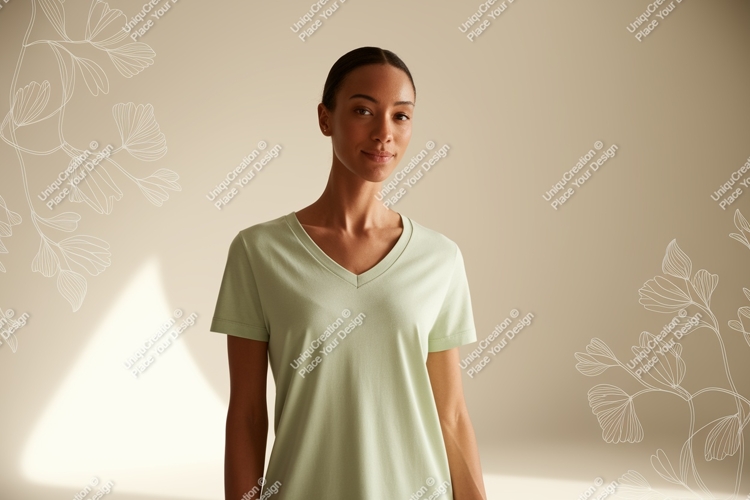 Woman wearing light green v-neck t-shirt image