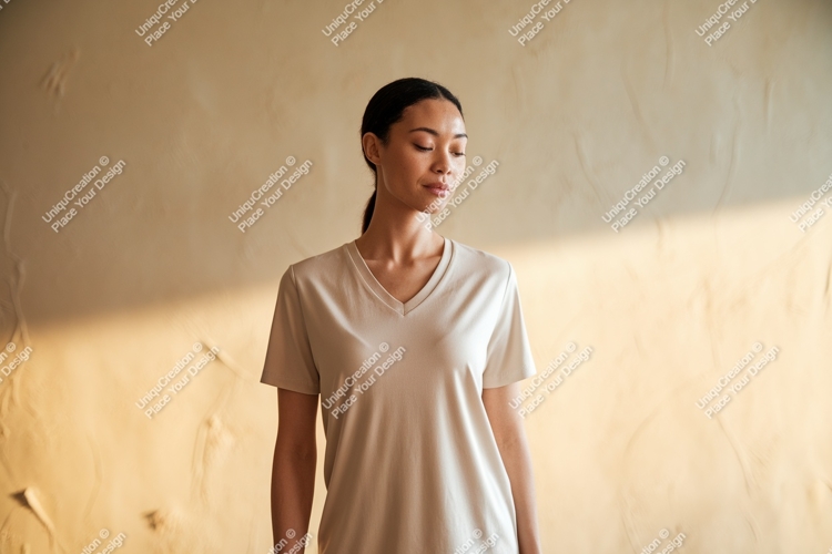 Woman wearing beige vneck t shirt image