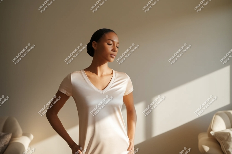 Woman wearing silk v-neck shirt mockup