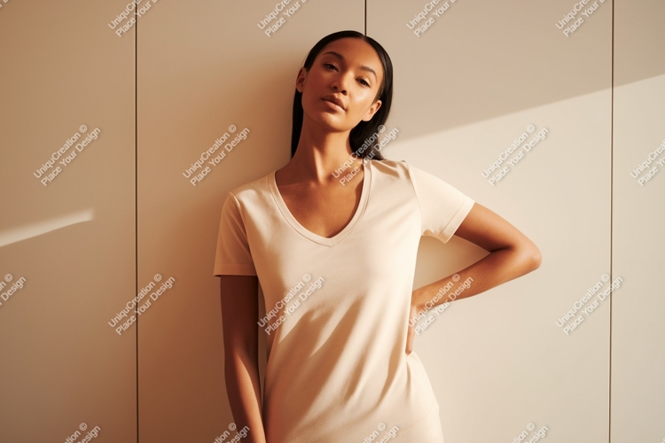 Woman wearing plain v-neck t-shirt