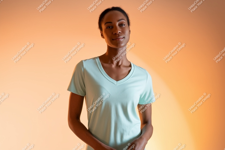 Woman wearing light blue v-neck t-shirt apparel