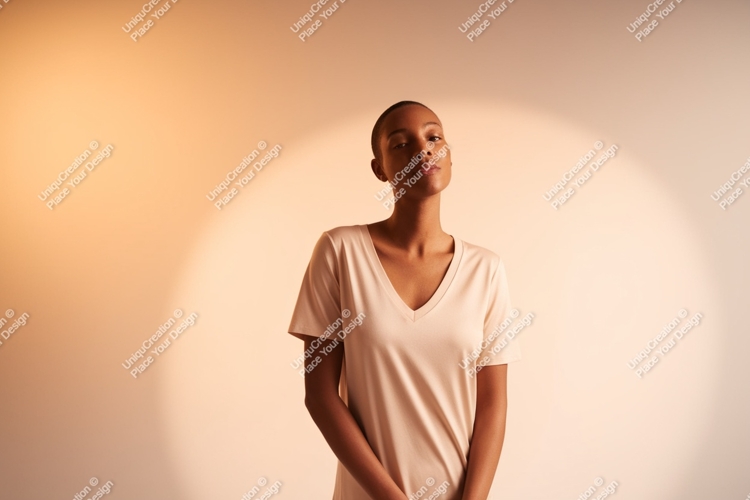 Woman wearing v-neck shirt peach light