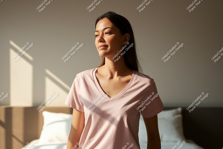 Woman wearing pink t-shirt v-neck casual