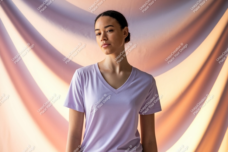 Woman wearing lavender v-neck t-shirt mockup
