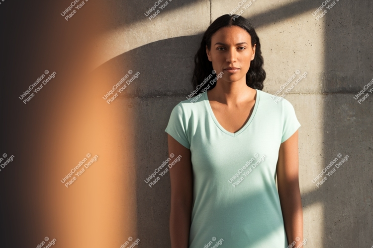 Woman wearing light blue t shirt against concrete wall