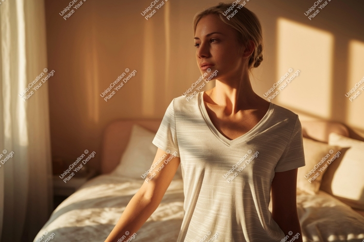 Woman wearing striped t shirt in sunlit room image