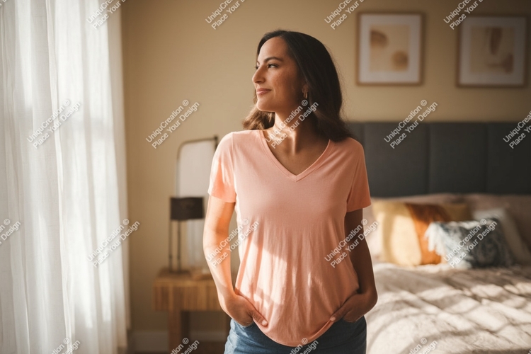 Woman wearing peach v-neck t-shirt casual