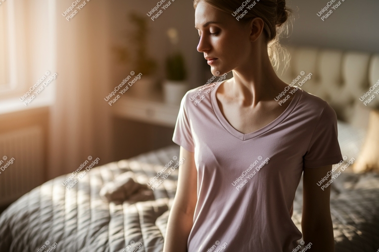 Woman wearing satin sleep shirt vneck