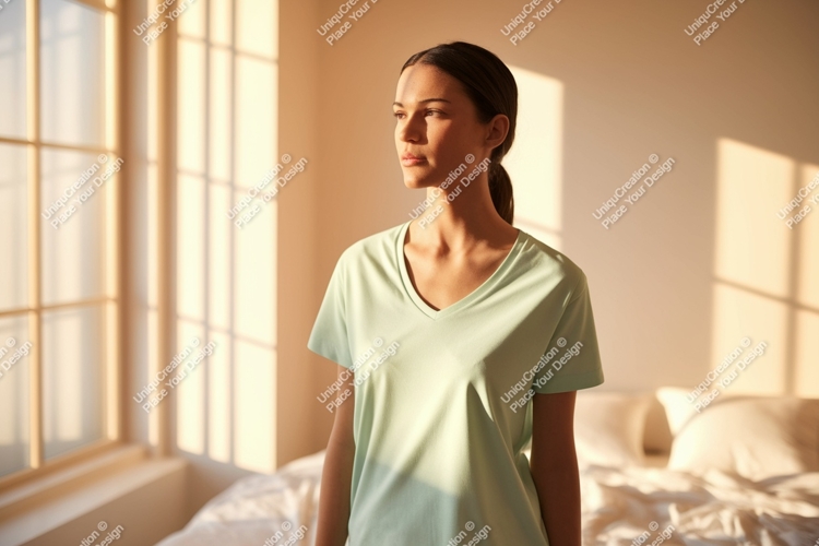 Woman wearing light green t-shirt indoor
