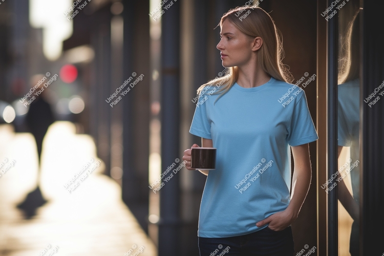 Woman wearing blue t shirt holding coffee cup image
