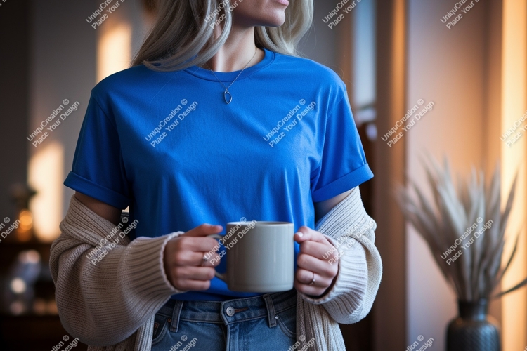 Woman wearing blue t shirt holding mug image