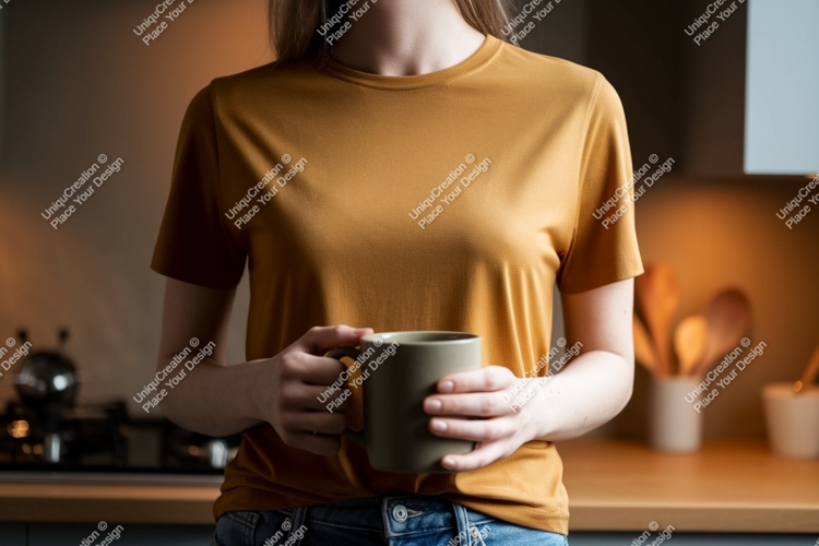 Woman holding coffee mug in kitchen image