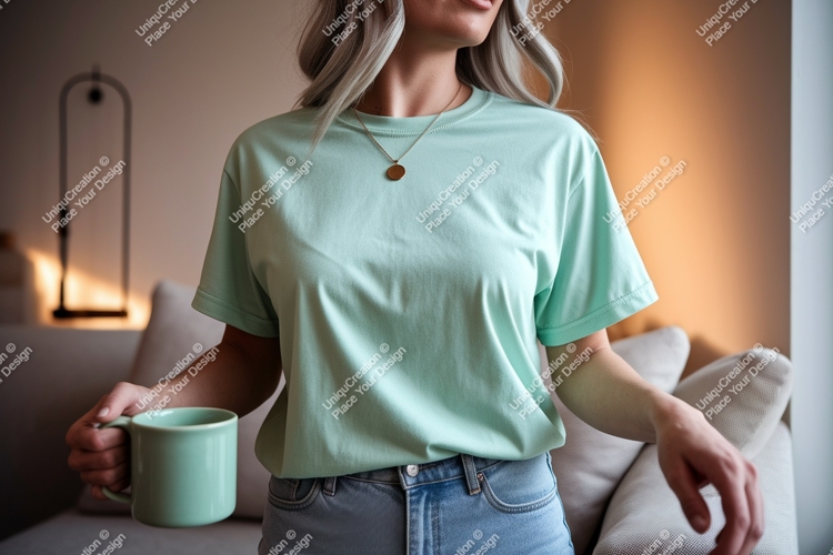 Woman in beige sweatshirt indoors mockup