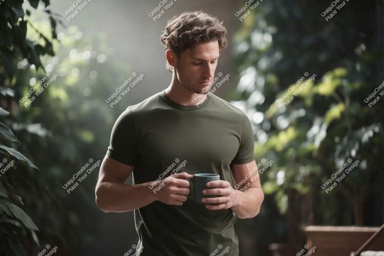 Man wearing olive green t-shirt holding mug image