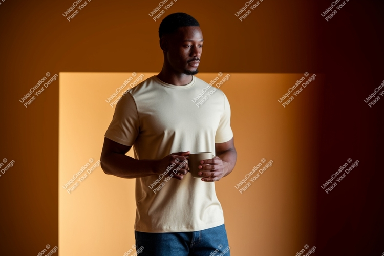 Man holding mug wearing cream t shirt image