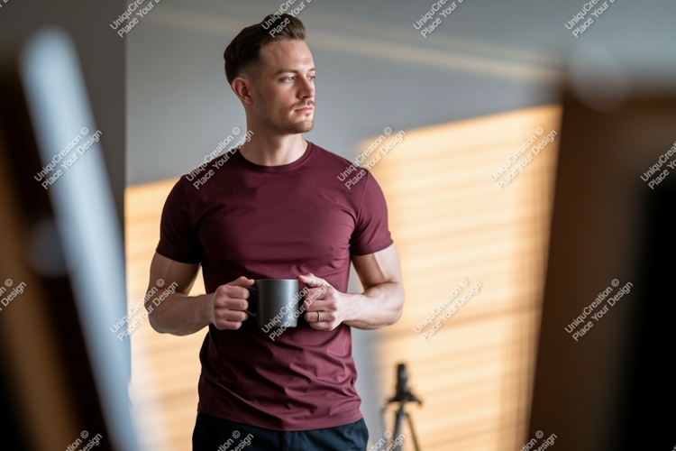 Man holding coffee mug burgundy t-shirt